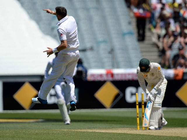 England's James Anderson leaping into the air after bowling the Australian captain Michael Clarke for 10 runs on the second day of the fourth Ashes cricket Test match against Australia in Melbourne on December 27, 2013