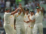 Mitchell Johnson of Australia celebrates after he dismissed Jonny Bairstow of England during day one of the Fourth Ashes Test Match between Australia and England at Melbourne Cricket Ground on December 26, 2013 