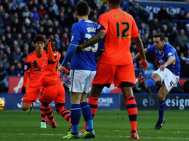 Leicester's Daniel Drinkwater scores his team's opening goal against Bolton during their Championship match on December 29, 2013
