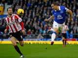 Phil Jagielka of Everton in action with Steven Fletcher of Sunderland during the Barclays Premier League match between Everton and Sunderland at Goodison Park on December 26, 2013