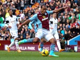 Gabby Agbonlahor of Aston Villa scores the opening goal of the game during the Barclays Premier League match against Swansea on December 28, 2013