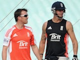 England captain Graeme Swann and Kevin Pietersen during a nets session at Eden Gardens on October 28, 2011 