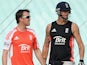 England captain Graeme Swann and Kevin Pietersen during a nets session at Eden Gardens on October 28, 2011 