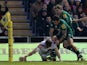 Mark Cueto of Sale Sharks stretches to score a try during the Aviva Premiership match between Leicester Tigers and Sale Sharks at Welford Road on December 28, 2013 