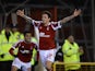 Forest's Matt Derbyshire celebrates after scoring his team's second goal against Leeds during their Championship match on December 29, 2013