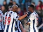 Nicolas Anelka of West Brom celebrates scoring their first goal with Saido Berahino of West Brom during the Barclays Premier League match against West Ham United on December 28, 2013