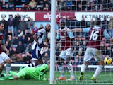 Nicolas Anelka of West Brom scores their second goal past Jussi Jaaskelainen of West Ham during the Barclays Premier League match against West Ham United on December 28, 2013