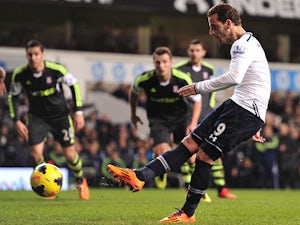 Tottenham's Roberto Soldado scores the opening goal via the penalty spot against Stoke during their Premier League match on December 29, 2013
