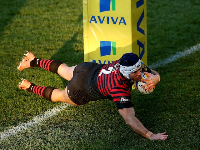 Schalk Brits of Saracens scores a try during the Aviva Premiership match between Worcester Warriors and Saracens at Sixways Stadium on December 28, 2013