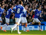 Everton's Seamus Coleman is congratulated by teammates after scoring the opening goal against Southampton during their Premier League match on December 29, 2013