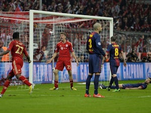 Thomas Muller celebrates scoring against Barcelona on April 23, 2013.