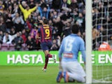 Barcelona's Chilean forward Alexis Sanchez celebrates after scoring during the Spanish league football match FC Barcelona vs Elche CF at the Camp Nou stadium in Barcelona on January 5, 2014