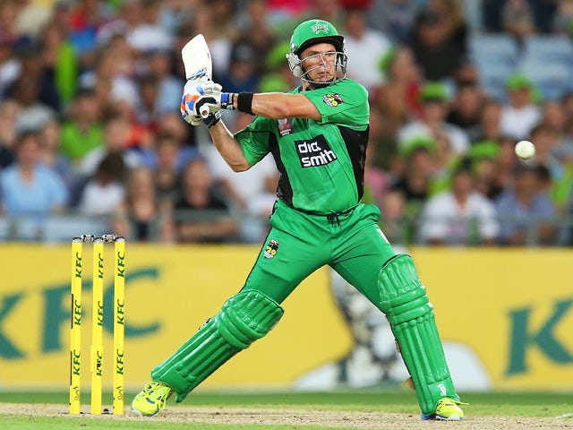 Brad Hodge of the Stars hits for six during the Big Bash League match between Sydney Thunder and the Melbourne Stars at ANZ Stadium on January 1, 2014 