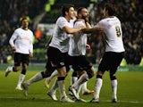 Jake Buxton of Derby County is congratulated on his goal during the Sky Bet Championship match against Leeds United on December 30, 2014