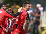 James Pattinson of the Renegades celebrates taking the wicket of Shoaib Malik of the Hurricanes during the Big Bash League match between the Hobart Hurricanes and the Melbourne Renegades at Blundstone Arena on January 1, 2014