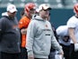 Offensive coordinator Jay Gruden of the Cincinnati Bengals looks on during a rookie camp at Paul Brown Stadium on May 12, 2013