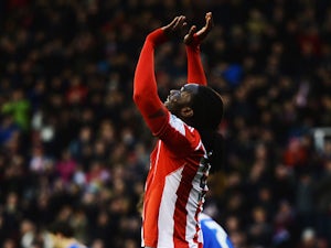 Stoke's Kenwyne Jones celebrates after scoring the opening goal against Leicester during their FA Cup third round match on January 4, 2013