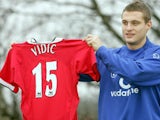 Nemanja Vidic poses with a Manchester United shirt on January 09, 2006.