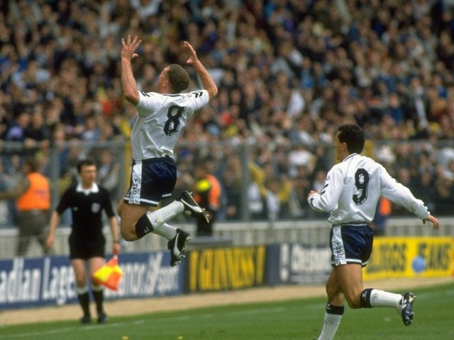 Paul Gascoigne, then of Tottenham Hotspur, celebrates scoring against Arsenal on April 14, 1991.