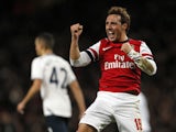 Arsenal's Santi Cazorla celebrates after scoring the opening goal against Tottenham during their FA Cup third round match on January 4, 2013