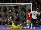 Arsenal's Tomas Rosicky scores his team's second goal against Tottenham during their FA Cup third round match on January 4, 2013