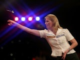 Trina Gulliver in action against Rhian Edwards during the women's final of the Lakeside World Professional Darts Championships on January 7, 2011