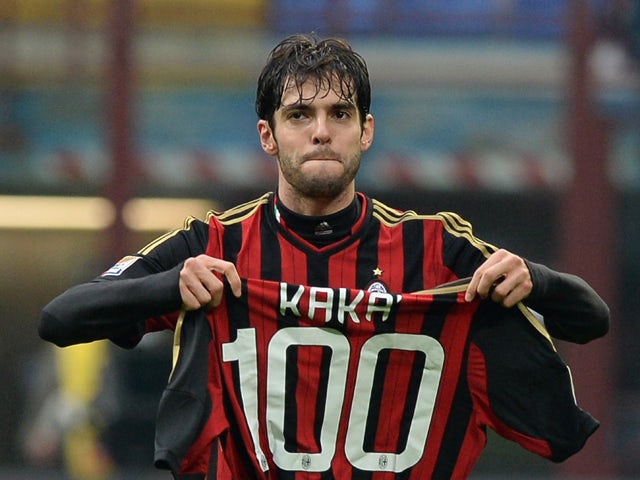 Kaka of AC Milan celebrates scoring his 100th goal for the club during the Serie A match between AC Milan and Atalanta BC at San Siro Stadium on January 6, 2014