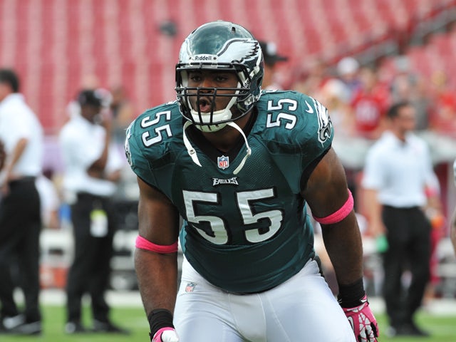 Linebacker Brandon Graham #55 of the Philadelphia Eagles warms up for play against the Tampa Bay Buccaneers October 13, 2013