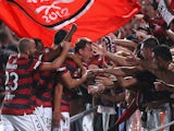 Brendon Santalab of the Wanderers celebrates his goal during the round 14 A-League match between the Western Sydney Wanderers and Sydney FC at Parramatta Stadium on January 11, 2014
