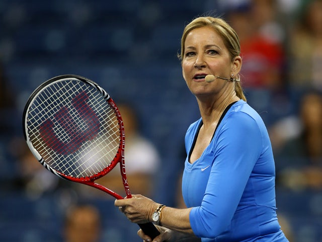 Chris Evert of the United States of America looks on during the exhibition doubles match against Jason Biggs and Rainn Wilson on Day Eleven of the 2013 US Open at USTA Billie Jean King National Tennis Center on September 5, 2013