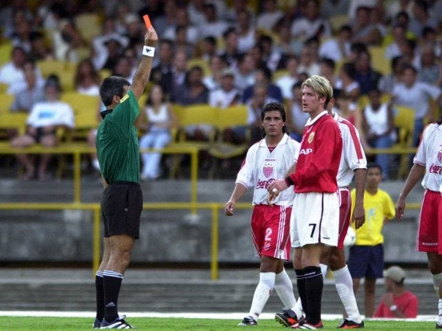 David Beckham is sent off during Manchester United's first Club World Cup game on January 06, 2000.