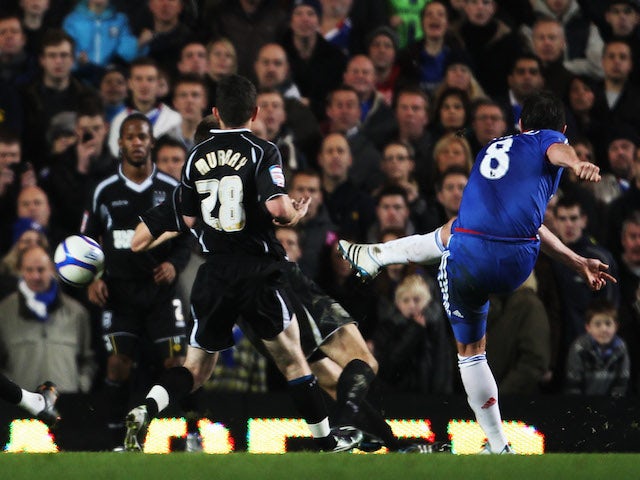 Frank Lampard of Chelsea scores their sixth goal during the FA Cup sponsored by E.ON 3rd round match between Chelsea and Ipswich Town at Stamford Bridge on January 9, 2011