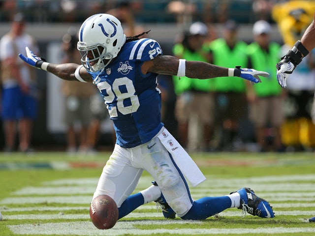 Greg Toler #28 of the Indianapolis Colts reacts to stopping a touchdown during a game against the Jacksonville Jaguars at EverBank Field on September 29, 2013