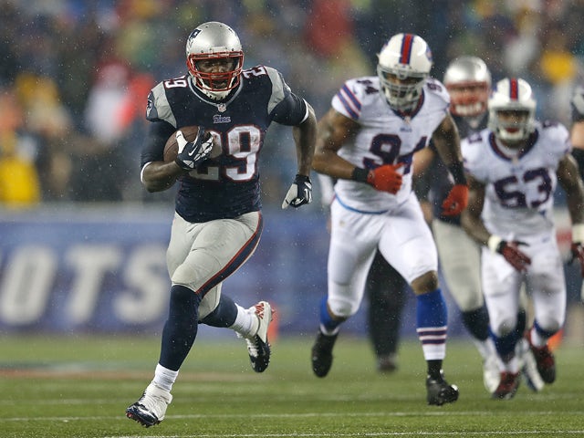 LeGarrette Blount #29 of the New England Patriots scores a touchdown in the first half during a game with the Buffalo Bills at Gillette Stadium on December 29, 2013