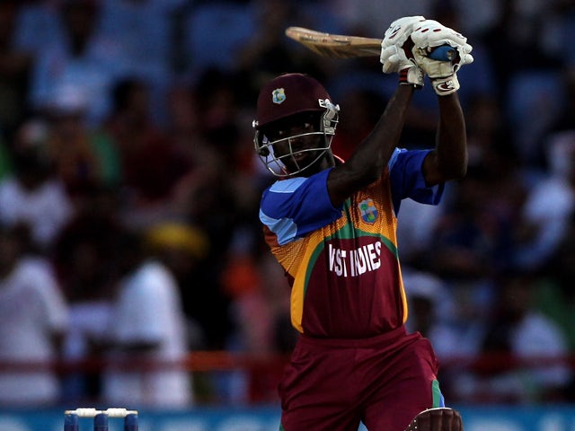 Nikita Miller of the West Indies hits out during the ICC World Twenty20 Super Eight match between the West Indies and Australia played at the Beausejour Cricket Ground on May 11, 2010