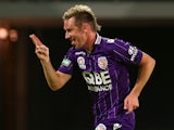 Shane Smeltz of the Glory celebrates his second goal during the round 14 A-League match between Perth Glory and the Melbourne Heart at nib Stadium on January 10, 2014