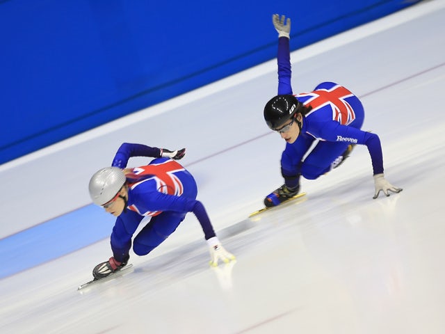 Elise Christie and Charlotte Gilmartin take to the ice for a quick demonstration during the Team GB announcement of the Short Track Athletes to compete at the Sochi 2014 Winter Olympics on December 16, 2013 