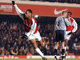 Arsenal's Thierry Henry celebrates scoring against Aston Villa on December 09, 2001.
