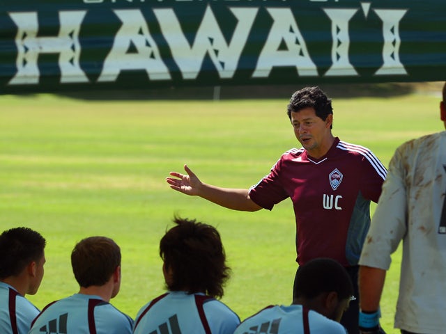 Assistant coach Wilmer Cabrera of the Colorado Rapids directs the reserve team during a scrimmage against the University of Hawaii men's soccer team during a preseason training session on the campus of the University of Hawaii on February 21, 2012
