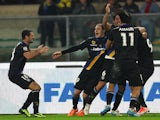 Parma's Alessandro Lucarelli celebrates with teammates after scoring his team's second goal against Chievo Verona during their Serie A match on January 19, 2014