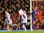 Aston Villa's Austrian striker Andreas Weimann turns to celebrate scoring the opening goal as Liverpool players react during the English Premier League football match on January 18, 2014