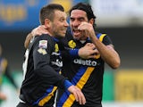 Parma's Antonio Cassano celebrates with teammate Alessandro Lucarelli after scoring his team's first goal against Chievo Verona during their Serie A match on January 19, 2014