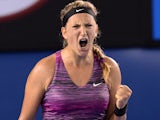 Belarus's Victoria Azarenka gestures during her women's singles match against Czech Republic's Barbora Zahlavova Strycova on day four of the 2014 Australian Open tennis tournament in Melbourne on January 16, 2014