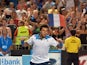 Jo-Wilfried Tsonga of France celebrates his victory over Thomaz Bellucci of Brazil in their men's singles second round match on day four of the 2014 Australian Open tennis tournament in Melbourne on January 16, 2014