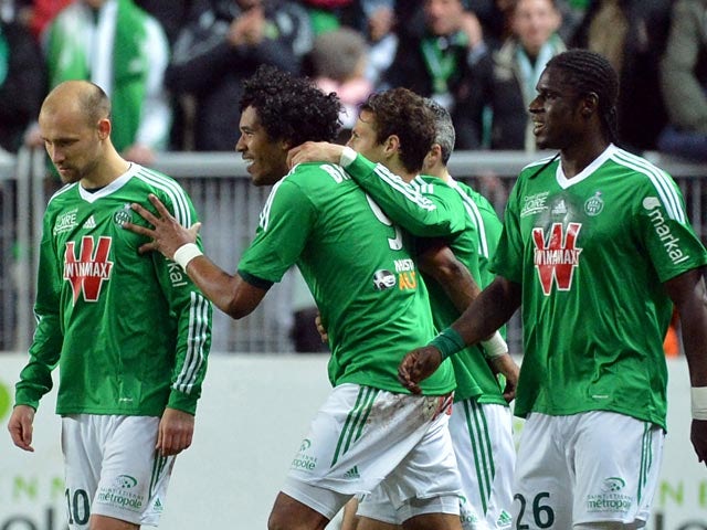 Saint-Etienne's Brandao celebrated with teammates after scoring the opening goal against Lille during their Ligue 1 match on January 17, 2014