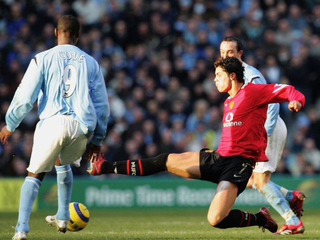 Cristiano Ronaldo, then of Manchester United, fouls Andy Cole on January 14, 2006.