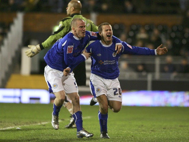 James Wesolowski of Leicester City celebrates as he scores their third goal with Iain Hume during the FA Cup sponsored by E.ON 3rd Round replay match between Fulham and Leicester City at Craven Cottage on January 17, 2007