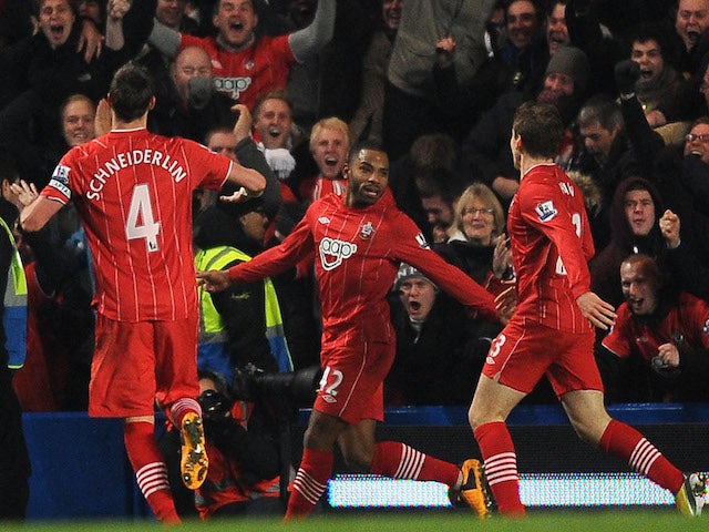 Jason Puncheon of Southampton celebrates scoring their second goal during the Barclays Premier League match between Chelsea and Southampton at Stamford Bridge on January 16, 2013