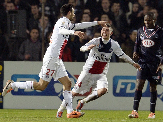 PSG's Javier Pastore celebrates after scoring the opening goal against Bordeaux during their Coupe de la Ligue match on January 14, 2014