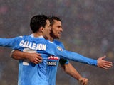Napoli's Jose Maria Callejon celebrates after scoring his team's second goal against Bologna during their Serie A match on January 19, 2013